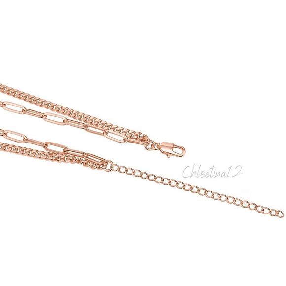 14k Rose Gold Plated Layered Chain Necklace Curb Chain Paperclip Chain - Picture 3 of 9